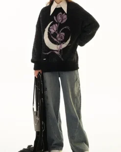 Sweaters*Boogzel Clothing Rose & Moon Print Sweater Black/purple