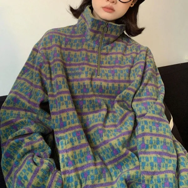 Sweatshirts*Boogzel Clothing 80's Grandma Zip-Up Fleece Sweatshirt Green/purple