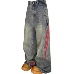 Jeans*Boogzel Clothing 90s Style Wide Red Stripe Jeans Blue/red