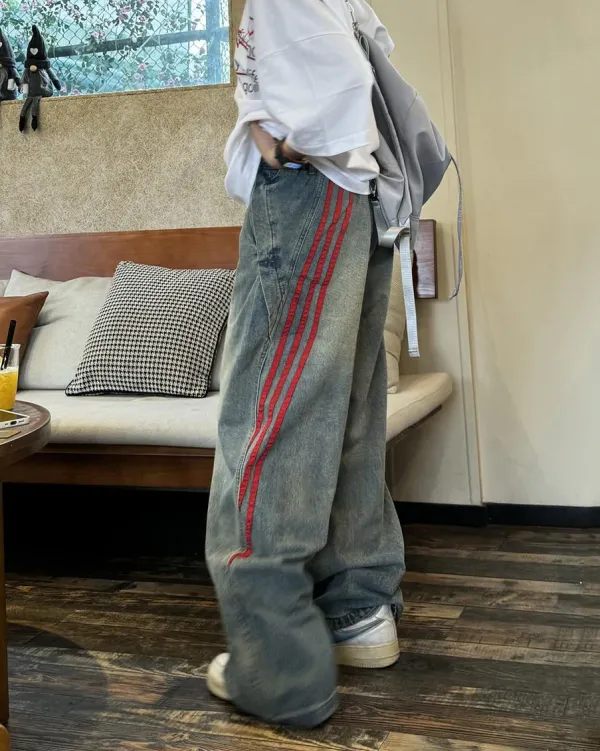 Jeans*Boogzel Clothing 90s Style Wide Red Stripe Jeans Blue/red