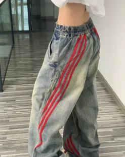 Jeans*Boogzel Clothing 90s Style Wide Red Stripe Jeans Blue/red