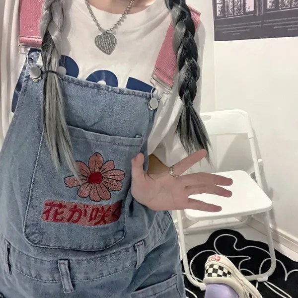 Dresses & Rompers|Shorts*Boogzel Clothing Sakura Embroidery Dungaree Shorts Blue