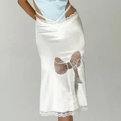 Skirts*Boogzel Clothing Satin Coquette Bow Lace Midi Skirt