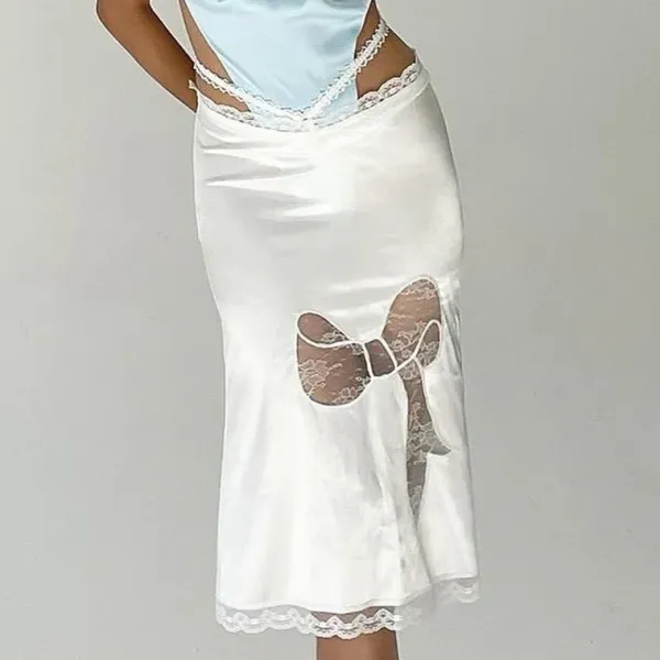 Skirts*Boogzel Clothing Satin Coquette Bow Lace Midi Skirt