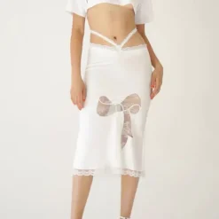 Skirts*Boogzel Clothing Satin Coquette Bow Lace Midi Skirt