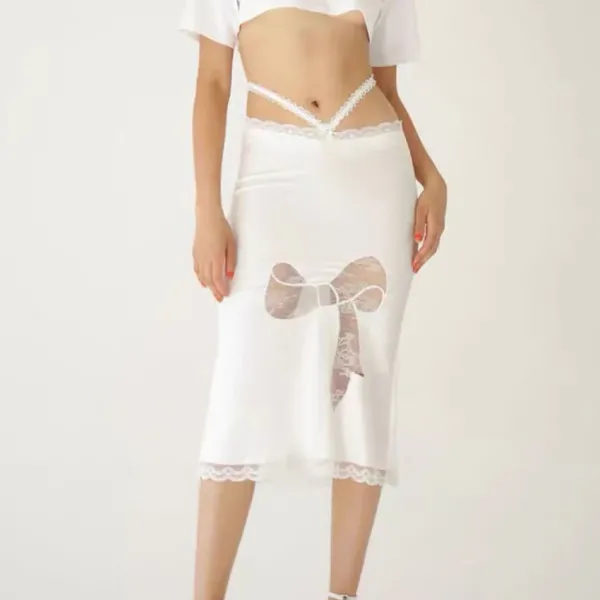Skirts*Boogzel Clothing Satin Coquette Bow Lace Midi Skirt
