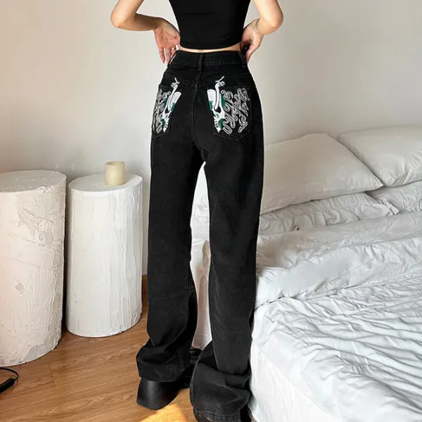 Jeans*Boogzel Clothing Skeleton Embroidery Jeans Black