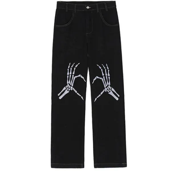 Jeans*Boogzel Clothing Skeleton Hands Embroidery Jeans Black