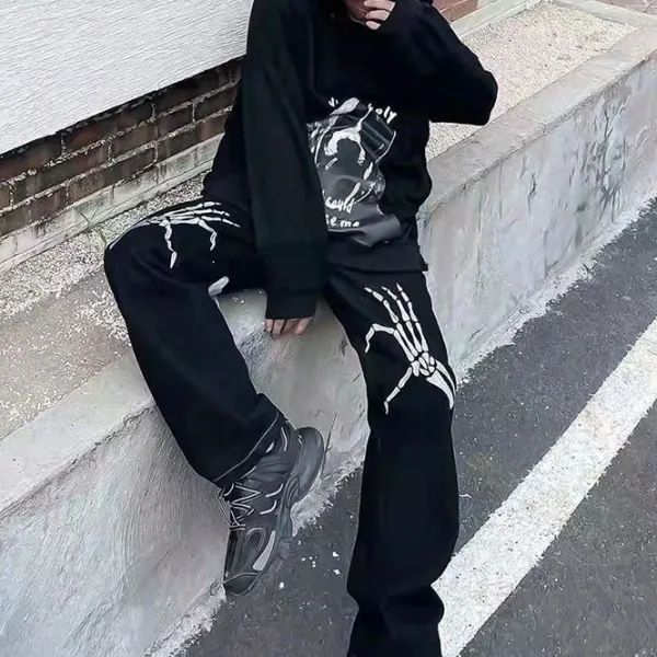 Jeans*Boogzel Clothing Skeleton Hands Embroidery Jeans Black