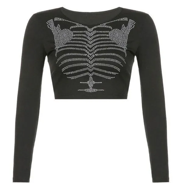 Long Sleeve Tops*Boogzel Clothing Skeleton Rhinestone Long Sleeve Top Black
