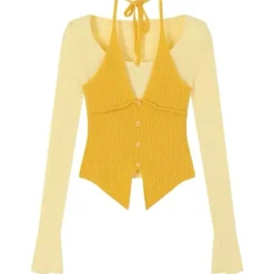 Y2K Tops|Long Sleeve Tops*Boogzel Clothing Springtime Layered Halter Knit Top Yellow