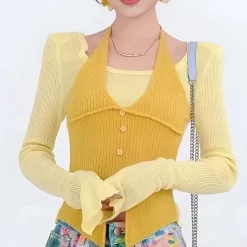 Y2K Tops|Long Sleeve Tops*Boogzel Clothing Springtime Layered Halter Knit Top Yellow