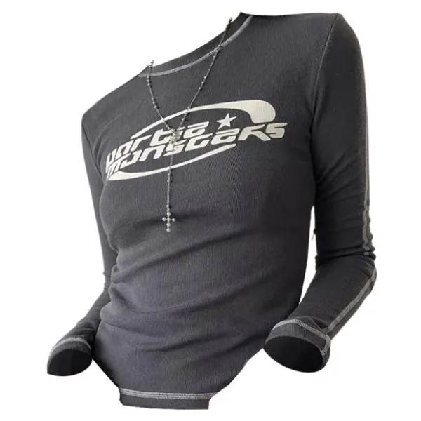Long Sleeve Tops*Boogzel Clothing Star Aesthetic Ribbed Long Sleeve Top Grey