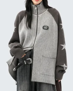 Sweaters*Boogzel Clothing Star Girl Aesthetic Zip Up Sweater Grey