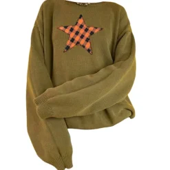 Sweaters*Boogzel Clothing Star Patch Aesthetic Knit Pullover Green