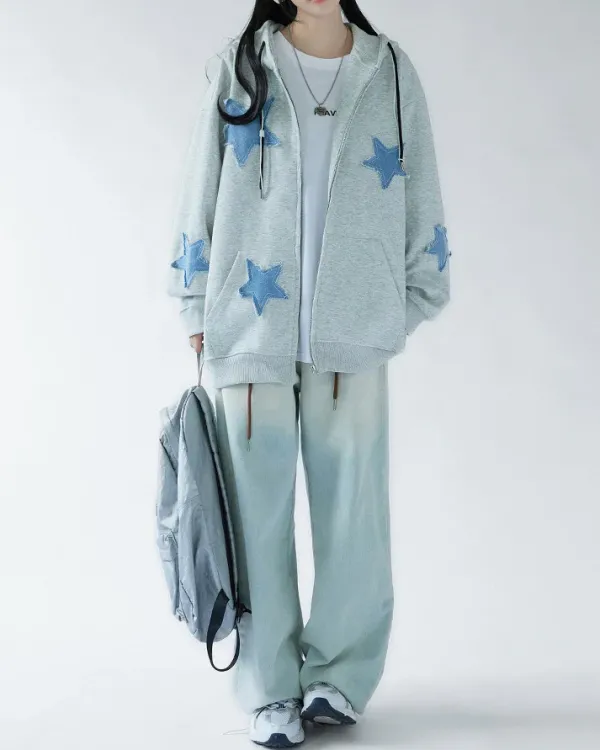 Hoodies*Boogzel Clothing Star Patch Aesthetic Zip Up Hoodie