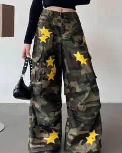 Pants & Trousers*Boogzel Clothing Star Patch Camo Cargo Pants Green