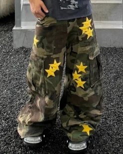 Pants & Trousers*Boogzel Clothing Star Patch Camo Cargo Pants Green