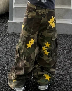 Pants & Trousers*Boogzel Clothing Star Patch Camo Cargo Pants Green