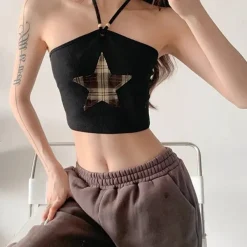 Crop Tops*Boogzel Clothing Star Patch Halter Crop Top Black