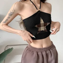 Crop Tops*Boogzel Clothing Star Patch Halter Crop Top Black