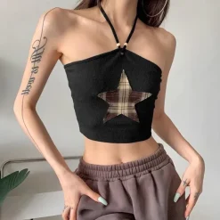Crop Tops*Boogzel Clothing Star Patch Halter Crop Top Black