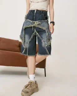 Shorts*Boogzel Clothing Star Patch High-Waisted Denim Shorts Blue