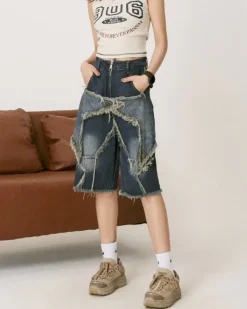 Shorts*Boogzel Clothing Star Patch High-Waisted Denim Shorts Blue