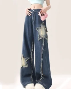 Jeans*Boogzel Clothing Star Patch Wide Leg Jeans Blue
