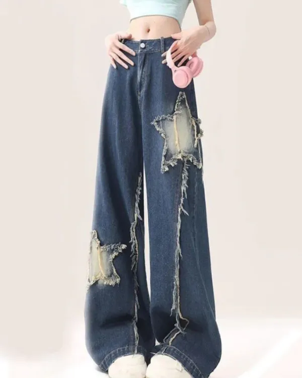 Jeans*Boogzel Clothing Star Patch Wide Leg Jeans Blue