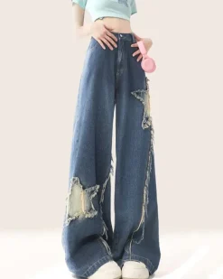 Jeans*Boogzel Clothing Star Patch Wide Leg Jeans Blue
