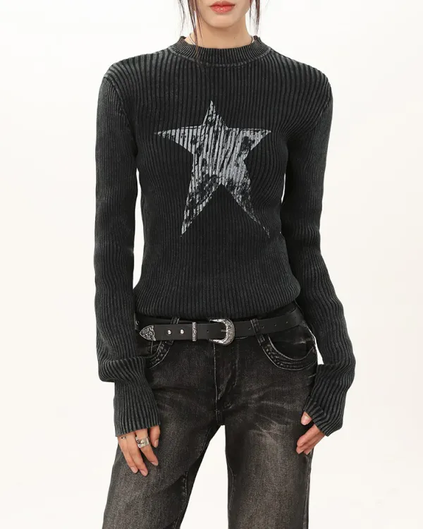 Long Sleeve Tops*Boogzel Clothing Star Print Ribbed Long Sleeve Top Grey