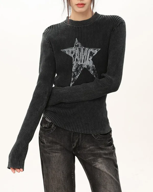 Long Sleeve Tops*Boogzel Clothing Star Print Ribbed Long Sleeve Top Grey
