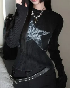 Long Sleeve Tops*Boogzel Clothing Star Print Ribbed Long Sleeve Top Grey