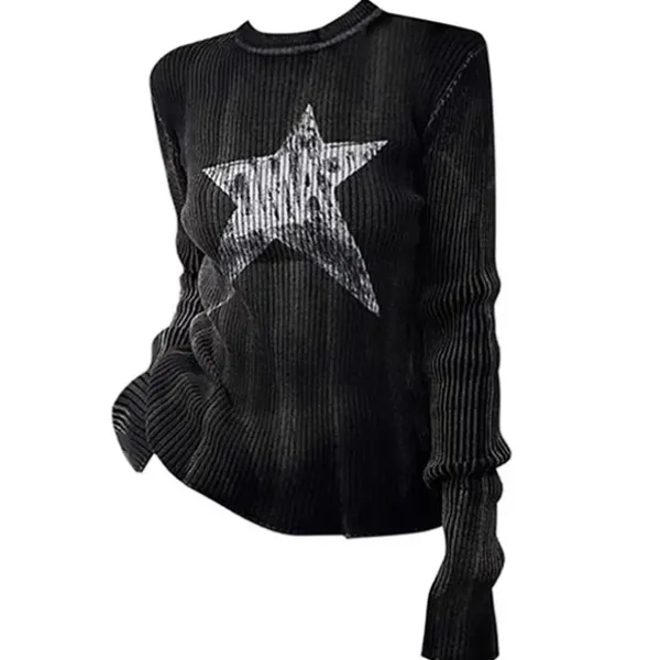 Long Sleeve Tops*Boogzel Clothing Star Print Ribbed Long Sleeve Top Grey