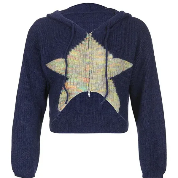 Sweaters|Hoodies*Boogzel Clothing Star Zip Up Knit Hoodie Blue