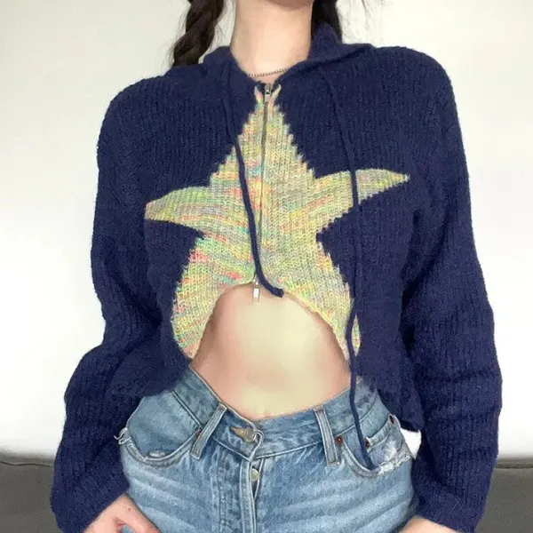 Sweaters|Hoodies*Boogzel Clothing Star Zip Up Knit Hoodie Blue