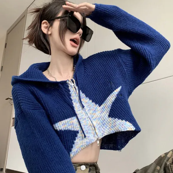 Sweaters|Hoodies*Boogzel Clothing Star Zip Up Knit Hoodie Blue