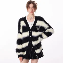 Striped Sweaters|Knit Cardigans*Boogzel Clothing Striped Fuzzy Butterfly Cardigan Black/white