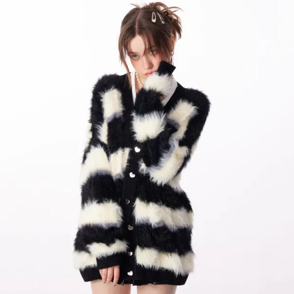Striped Sweaters|Knit Cardigans*Boogzel Clothing Striped Fuzzy Butterfly Cardigan Black/white