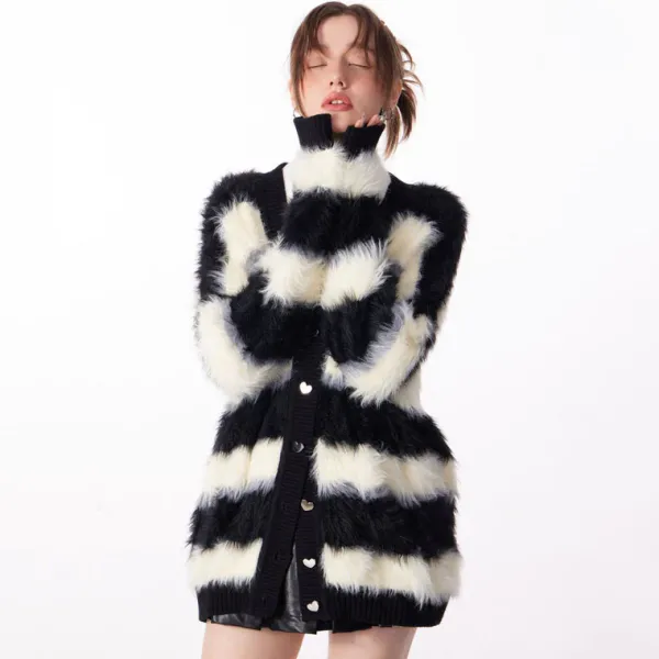 Striped Sweaters|Knit Cardigans*Boogzel Clothing Striped Fuzzy Butterfly Cardigan Black/white