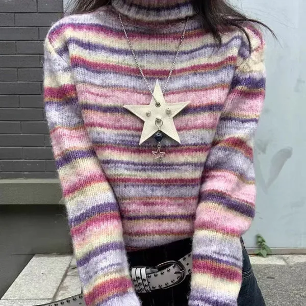 Striped Sweaters|Sweaters*Boogzel Clothing Striped Turtleneck Sweater Pink