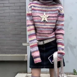 Striped Sweaters|Sweaters*Boogzel Clothing Striped Turtleneck Sweater Pink
