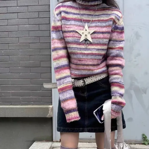 Striped Sweaters|Sweaters*Boogzel Clothing Striped Turtleneck Sweater Pink