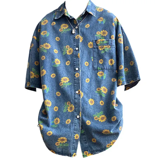Mens*Boogzel Clothing Sunflowers Denim Shirt Blue