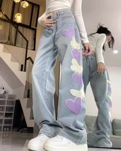 Jeans*Boogzel Clothing Sweet Attitude Heart Patch Wide-Leg Jeans Blue