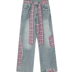 Jeans*Boogzel Clothing Teen Spirit Plaid Patchwork Jeans Blue
