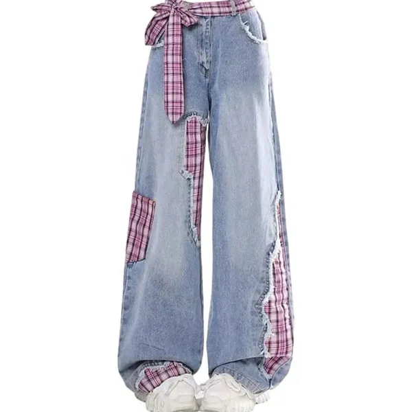 Jeans*Boogzel Clothing Teen Spirit Plaid Patchwork Jeans Blue