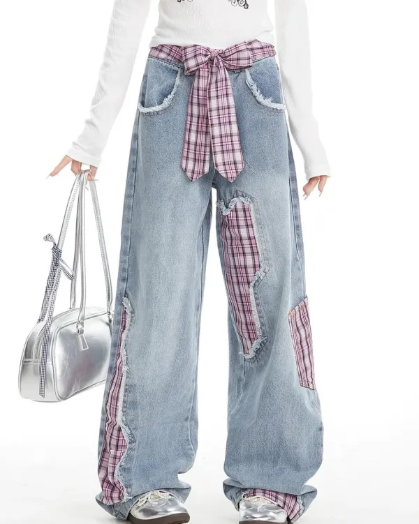 Jeans*Boogzel Clothing Teen Spirit Plaid Patchwork Jeans Blue