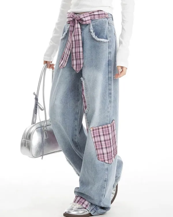 Jeans*Boogzel Clothing Teen Spirit Plaid Patchwork Jeans Blue
